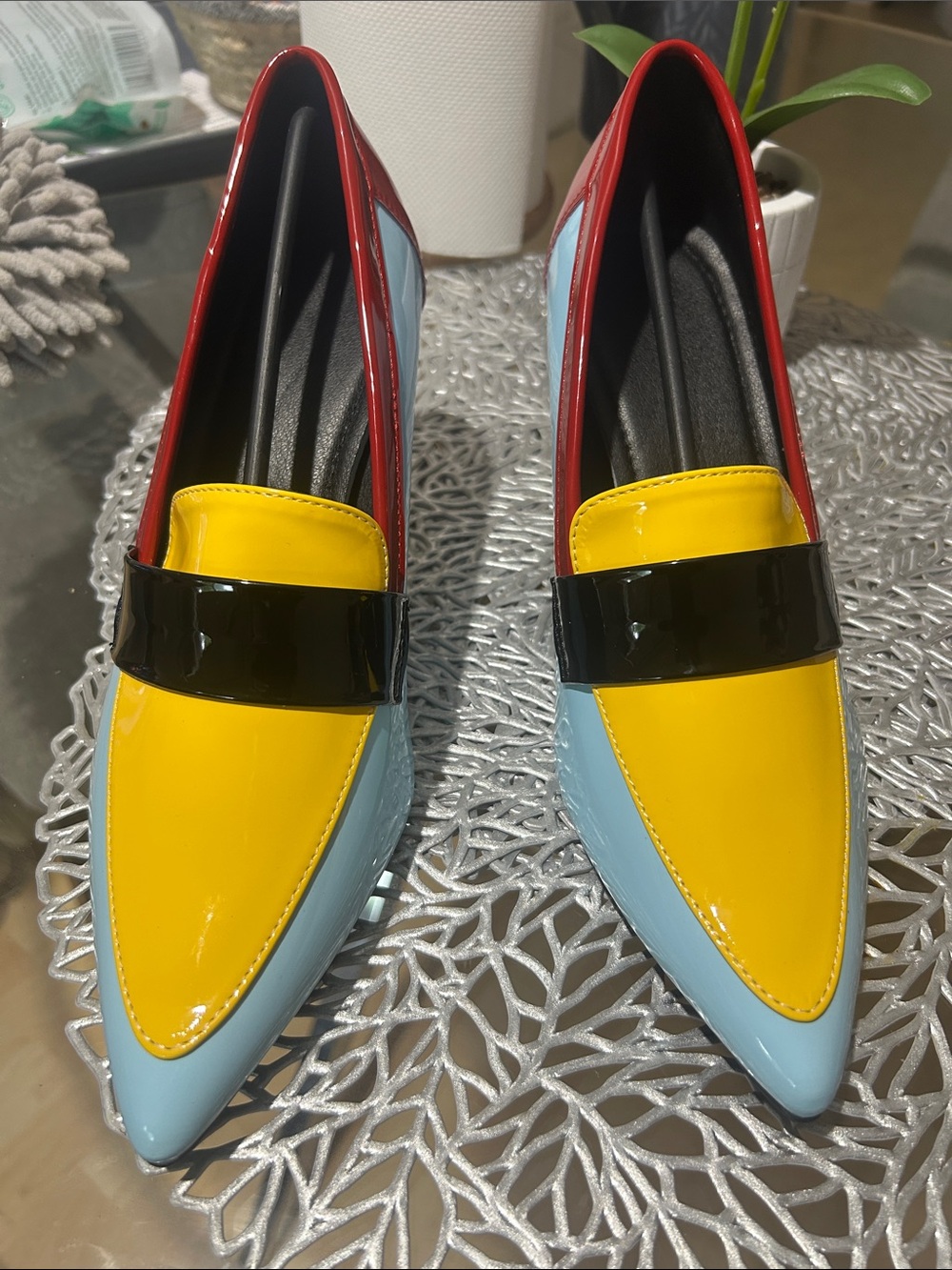 Patent Leather Pointed Loafers in Yellow, Light Blue and Burgundy